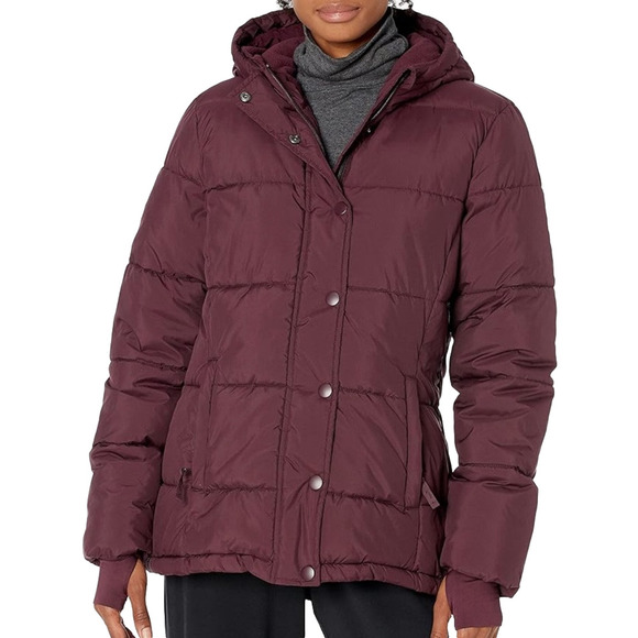 NWT Heavyweight Long Sleeve Hooded Puffer Coat S Burgundy - Picture 1 of 6